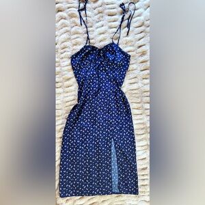 SHEIN Navy Floral Tie-Front Midi Dress